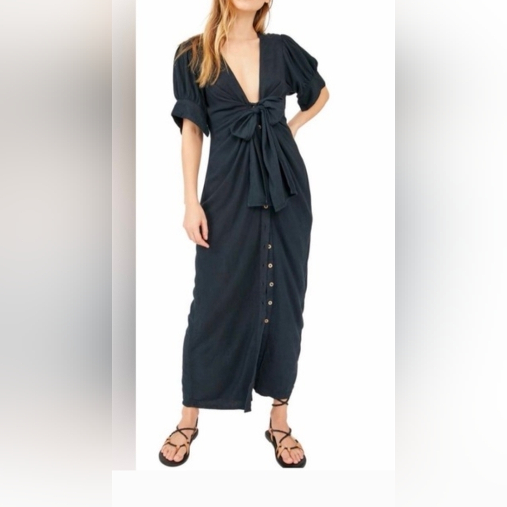 Free People Free-est Vintage Summer Midi Dress Buttondown Ruched Black Size XS